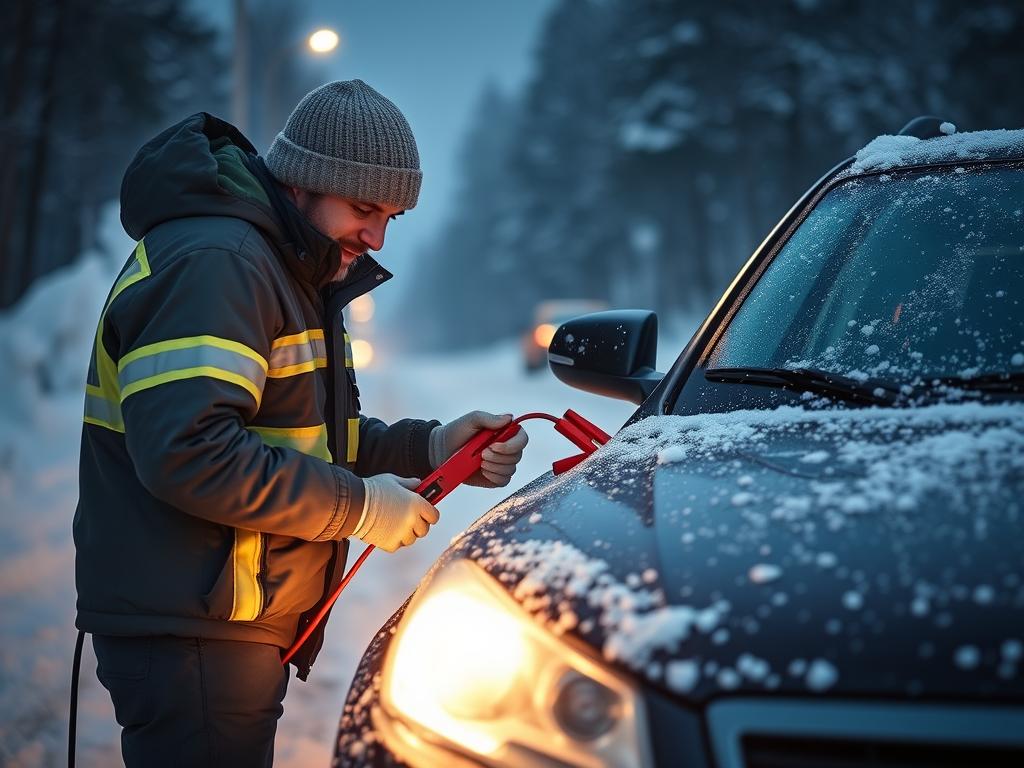 Bolu'da araç aküsüne takviye yapan oto kurtarma görevlisi Bolu'da araç aküsüne takviye yapan oto kurtarma görevlisi